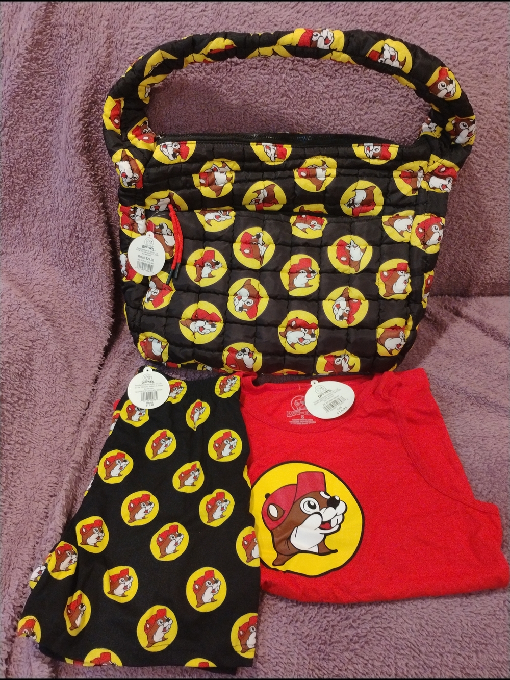 Buc-ee's Quilted Black & Red Logo Tote Bag and Pajama Set Size Small